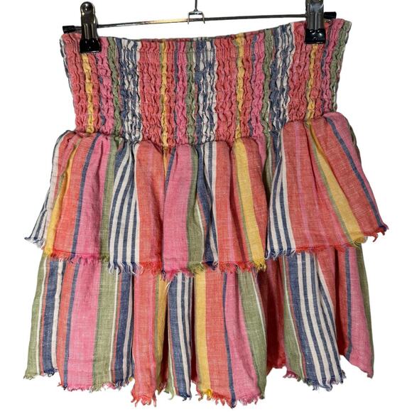 Sundays Lara Striped Linen Skirt Red Multi Smocked Ruffled Size 1 / Small - Picture 5 of 8